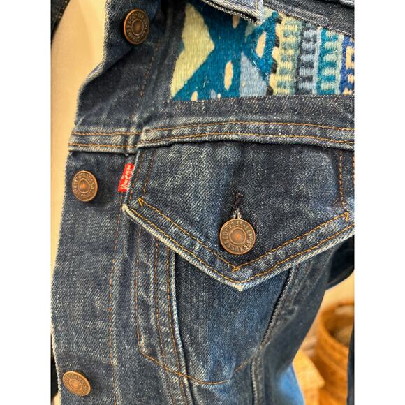 Vintage Oaxaca Fabric on Denim Jacket - Aztec Design - Size X Small - Picture 3 of 3
